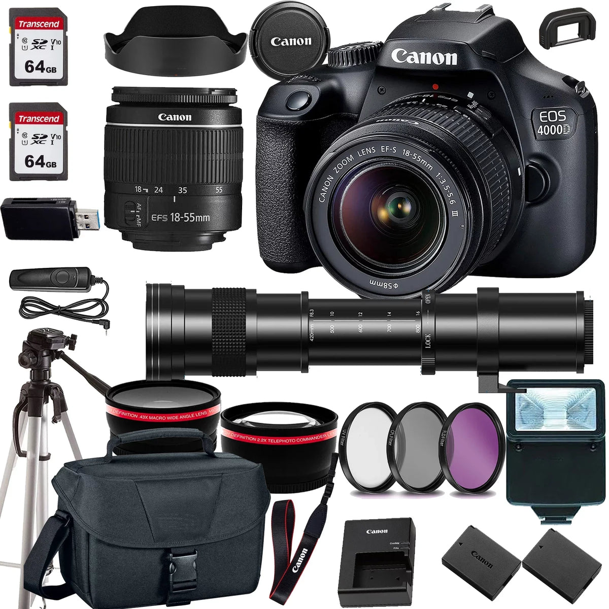 Canon EOS 4000D/Rebel T100 DSLR Camera w/Canon EF-S 18-55mm F/3.5-5.6 Zoom Lens+420-800mm HD Telephoto Zoom lens+case+128Memory Cards (24PC)