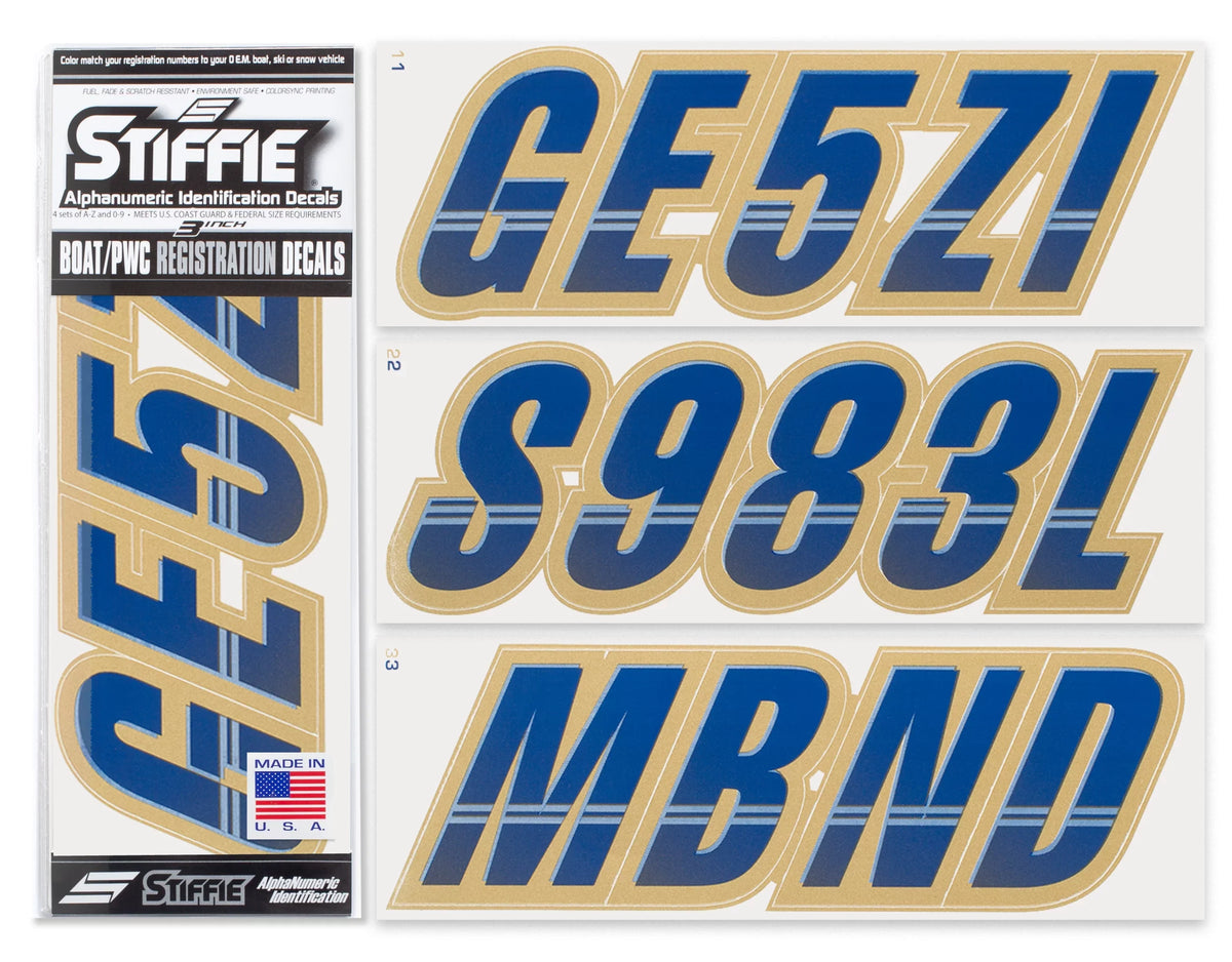 STIFFIE Techtron Navy/Gold 3" Alpha-Numeric Identification Custom Kit Registration Numbers & Letters Marine Stickers Decals for Vessel & Personal Watercraft PWC