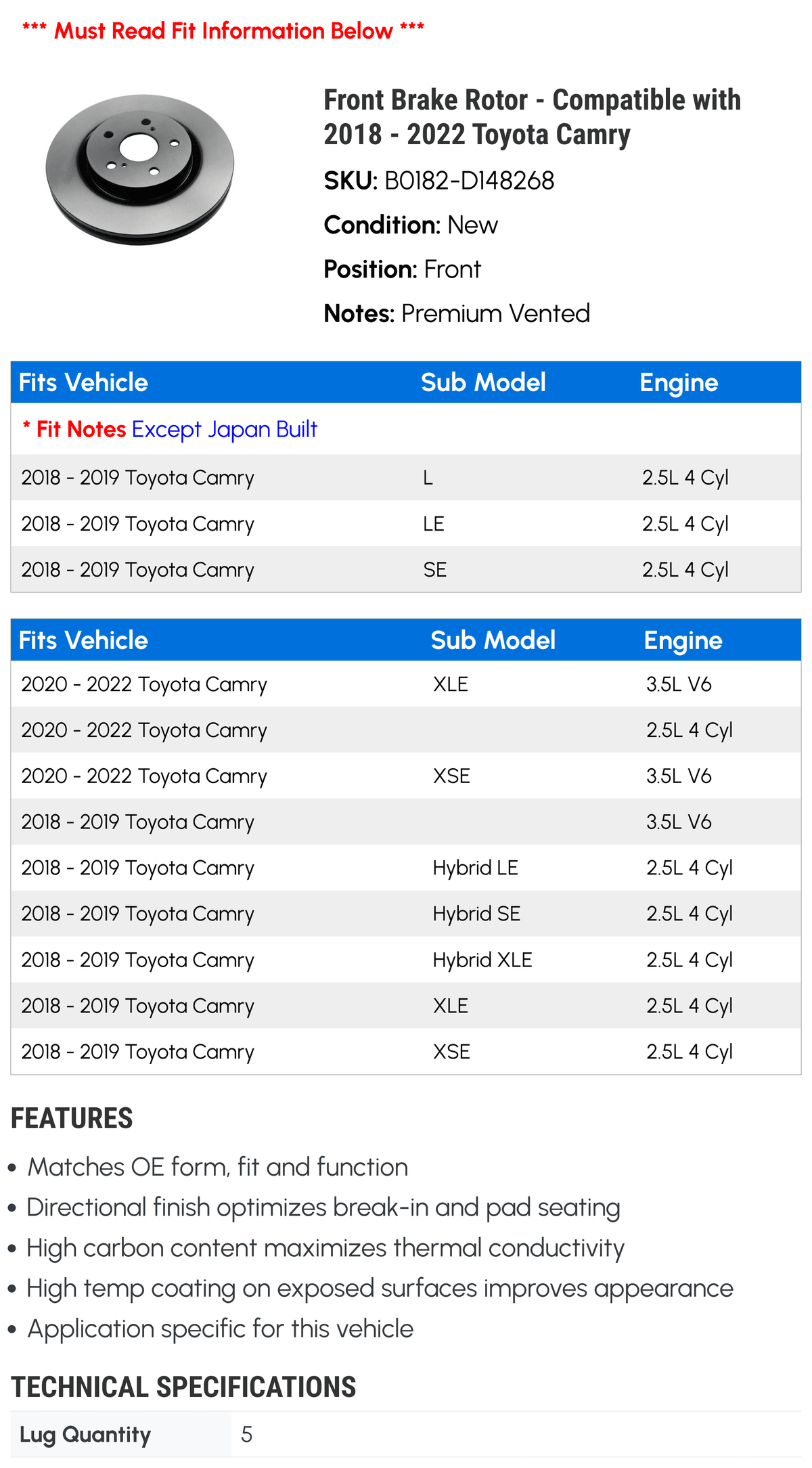 Front Brake Rotor - Fitting with 2018 - 2022 Toyota Camry 2019 2020 2021