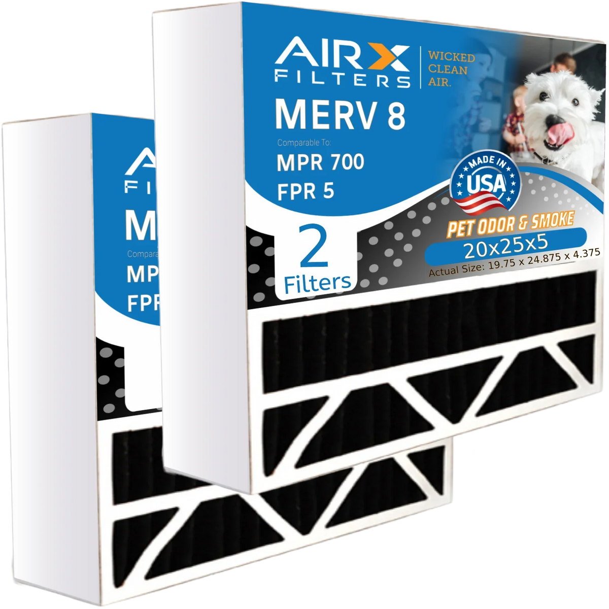 20x25x5 Air Filter Odor Eliminator Carbon Filter MERV 8 Comparable to MPR 700 & FPR 5 Matching with Honeywell FC100A1037 2 Pack by AIRX FILTERS WICKED CLEAN AIR.