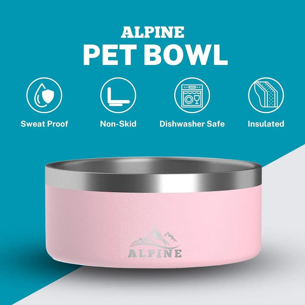ALPINE Set of 2 Stainless Steel Dog Bowls, Non Slip, Metal Pet Bowl for Food and Water, Double Walled Insulated, Rustproof, Dishwasher Safe (32 oz, Pink)