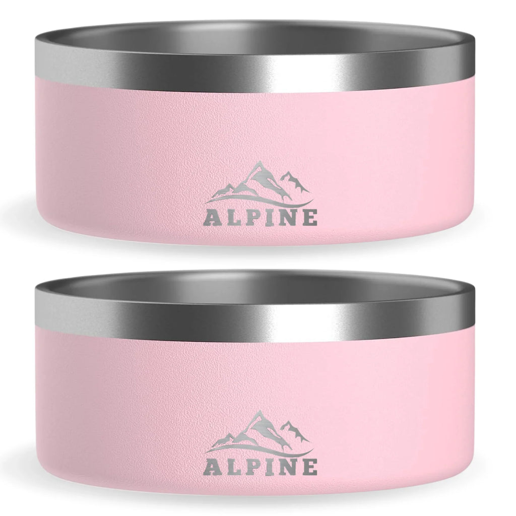 ALPINE Set of 2 Stainless Steel Dog Bowls, Non Slip, Metal Pet Bowl for Food and Water, Double Walled Insulated, Rustproof, Dishwasher Safe (32 oz, Pink)