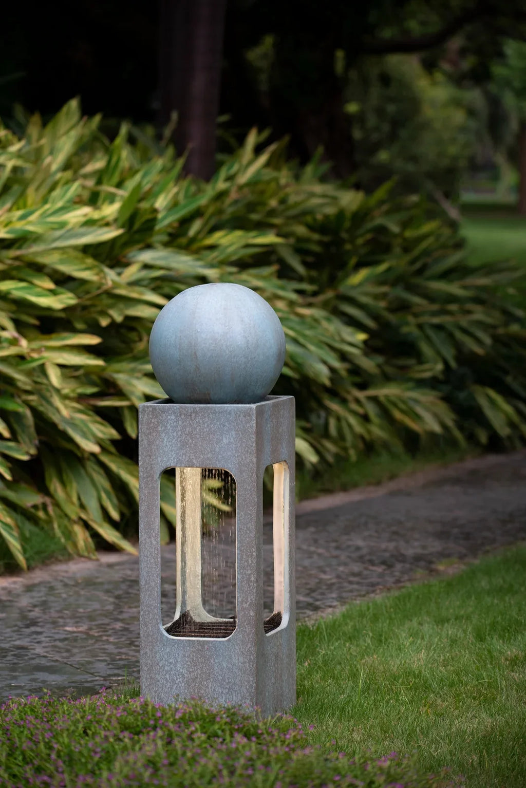 CoSoTower 13X13X44" Tall Contemporary Sphere Outdoor Water Fountain, Cement/Concrete Outdoor Fountain, Antique Blue Raindrop Water Feature with Light for Garden, Lawn, Deck & Patio