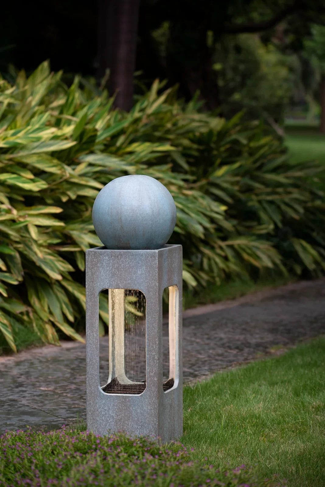 CoSoTower 13X13X44" Tall Contemporary Sphere Outdoor Water Fountain, Cement/Concrete Outdoor Fountain, Antique Blue Raindrop Water Feature with Light for Garden, Lawn, Deck & Patio