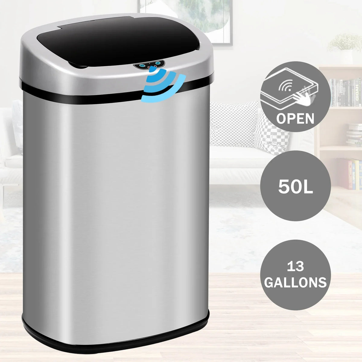 NiamVelo Kitchen Trash Can with Lid, 13 Gallon Automatic Stainless Steel Garbage Can with Touch-Free & Motion Sensor, Anti-Fingerprint Mute Designed Waste Bin for Office Home, Silver