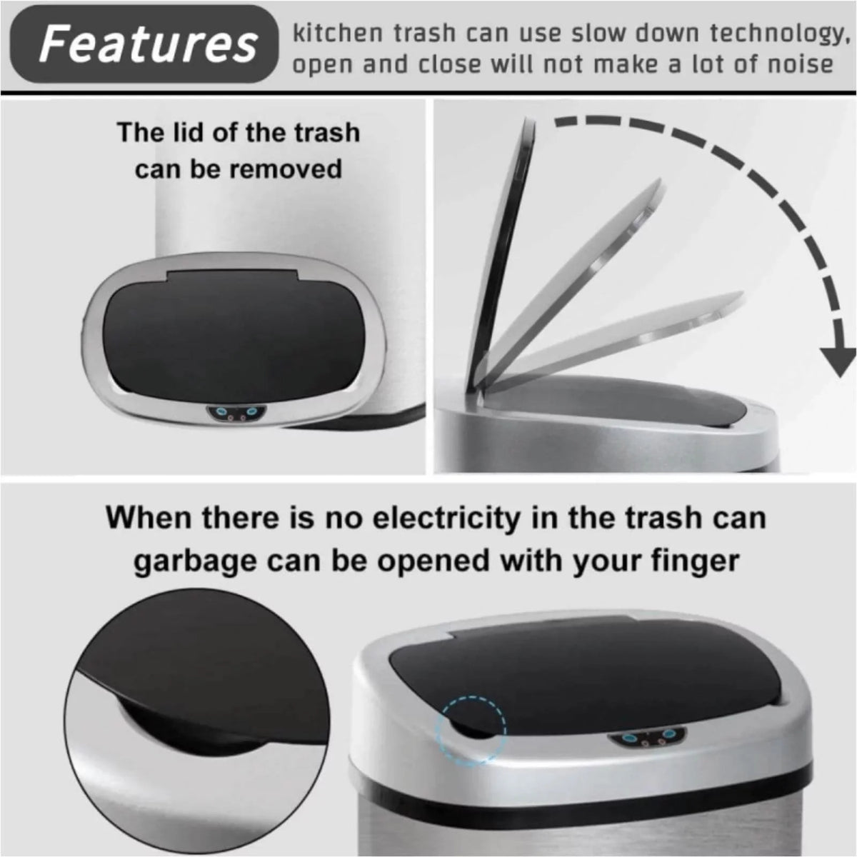 NiamVelo Kitchen Trash Can with Lid, 13 Gallon Automatic Stainless Steel Garbage Can with Touch-Free & Motion Sensor, Anti-Fingerprint Mute Designed Waste Bin for Office Home, Silver