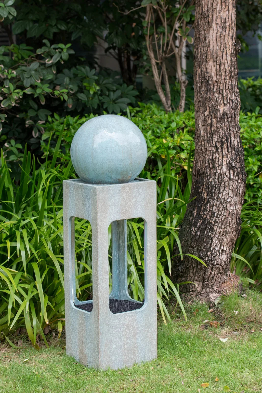 CoSoTower 13X13X44" Tall Contemporary Sphere Outdoor Water Fountain, Cement/Concrete Outdoor Fountain, Antique Blue Raindrop Water Feature with Light for Garden, Lawn, Deck & Patio