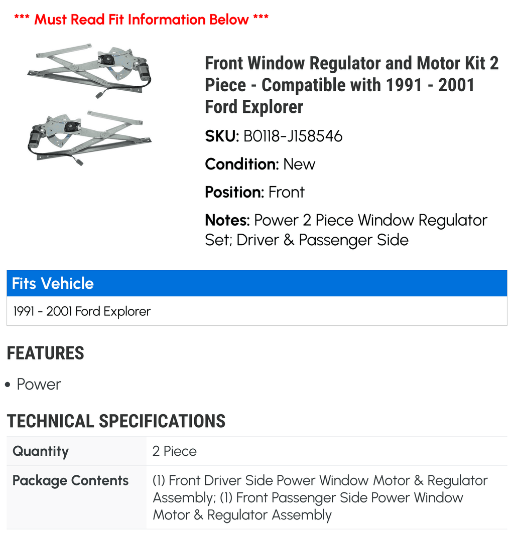 Front Window Regulator and Motor Kit 2 Piece - Fitting with 1991 - 2001 Ford Explorer 1992 1993 1994 1995 1996 1997 1998 1999 2000