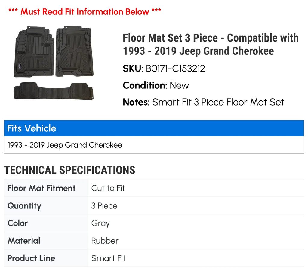 Floor Mat Set 3 Piece - Fitting with 1993 - 2019 Jeep Grand Cherokee 1994 1995 1996 1997 1998 1999 2000 2001 2002 2003 2004 2005 2006 2007 2008 2009 2010 2011 2012 2013 2014 2015 2016 2017