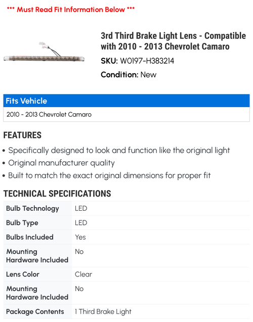 3rd Third Brake Light Lens - Matching with 2010 - 2013 Chevy Camaro 2011 2012