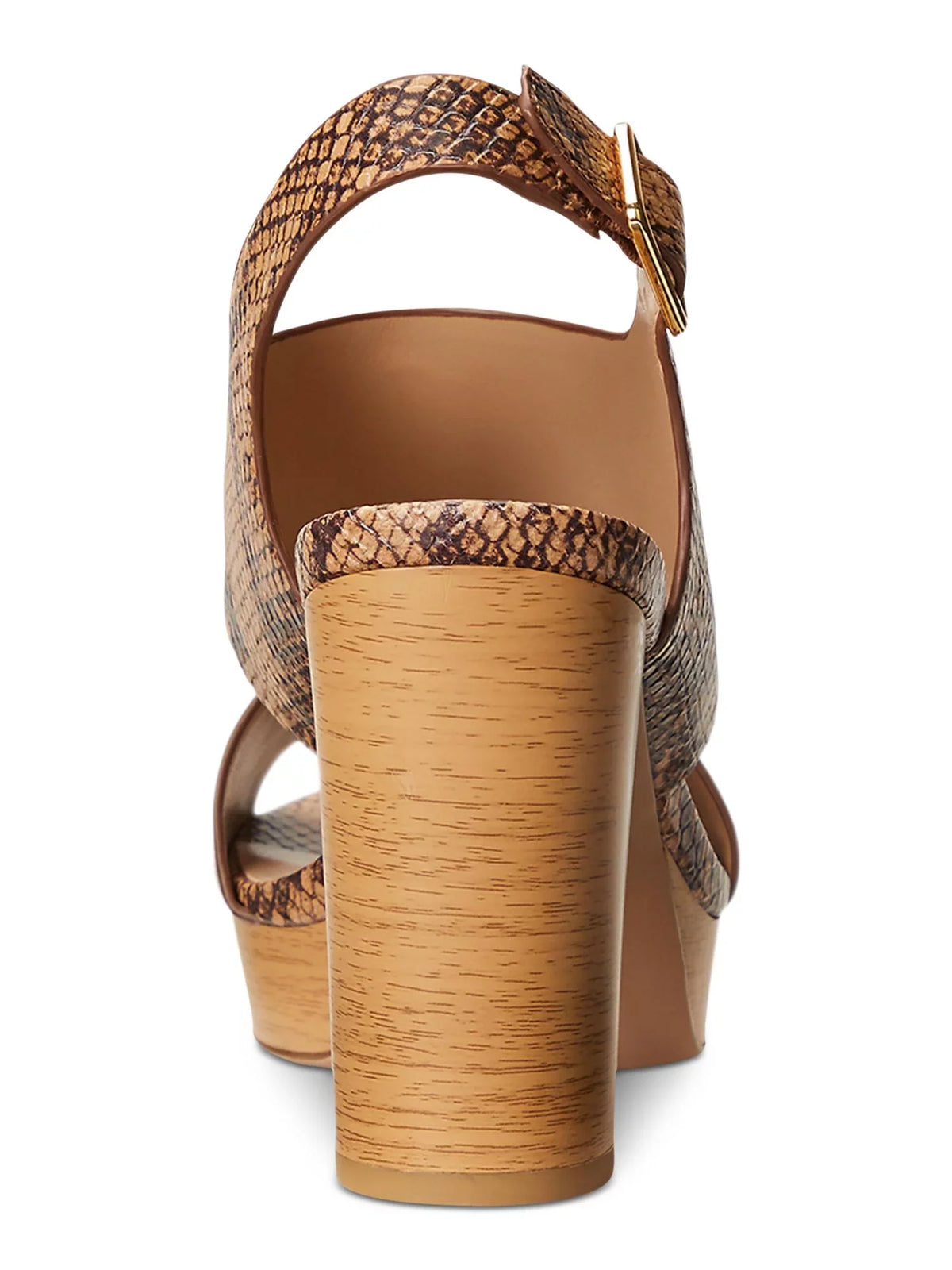 LAUREN RALPH LAUREN Womens Beige Snake 1" Platform Cut Out Feona Round Toe Block Heel Fastener Leather Dress Slingback Sandal 8.5